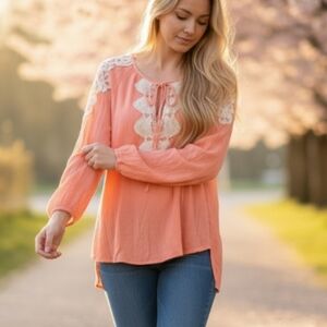 Women’s Peach Crochet-Yoke Long Sleeve Peasant Top